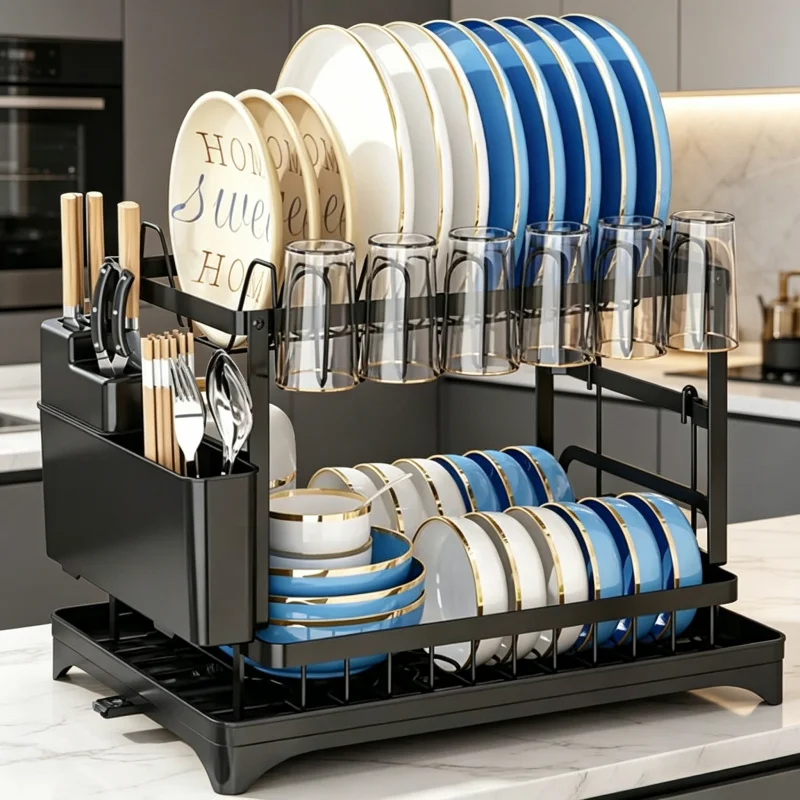 2 tier dish drying rack for kitchen counter, large capacity with drainboard, rustproof dish drainer organizer for tableware
