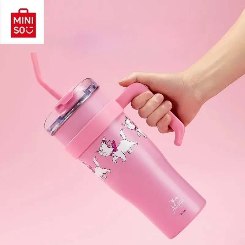 MINISO Original Anime 1600ml Marie Cat Large Capacity Straw Steel Cup with Handle Kawaii Cartoon Portable Coffee Termos Mug Gift