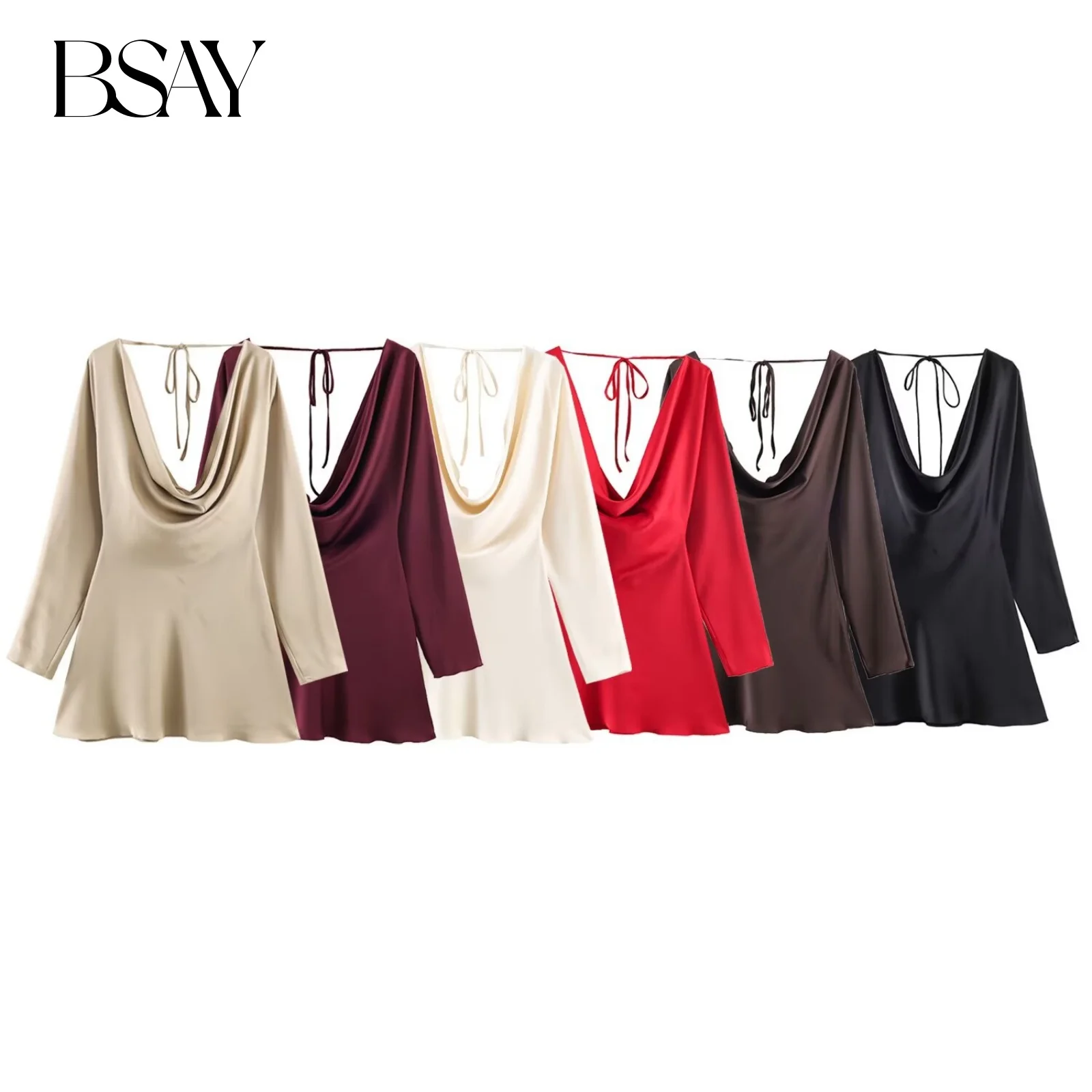 BSAY Satin Texture Pleated Collar Dress for Women Fashion Autumn Winter New Long Sleeves V-neck France Female Evening Dresses