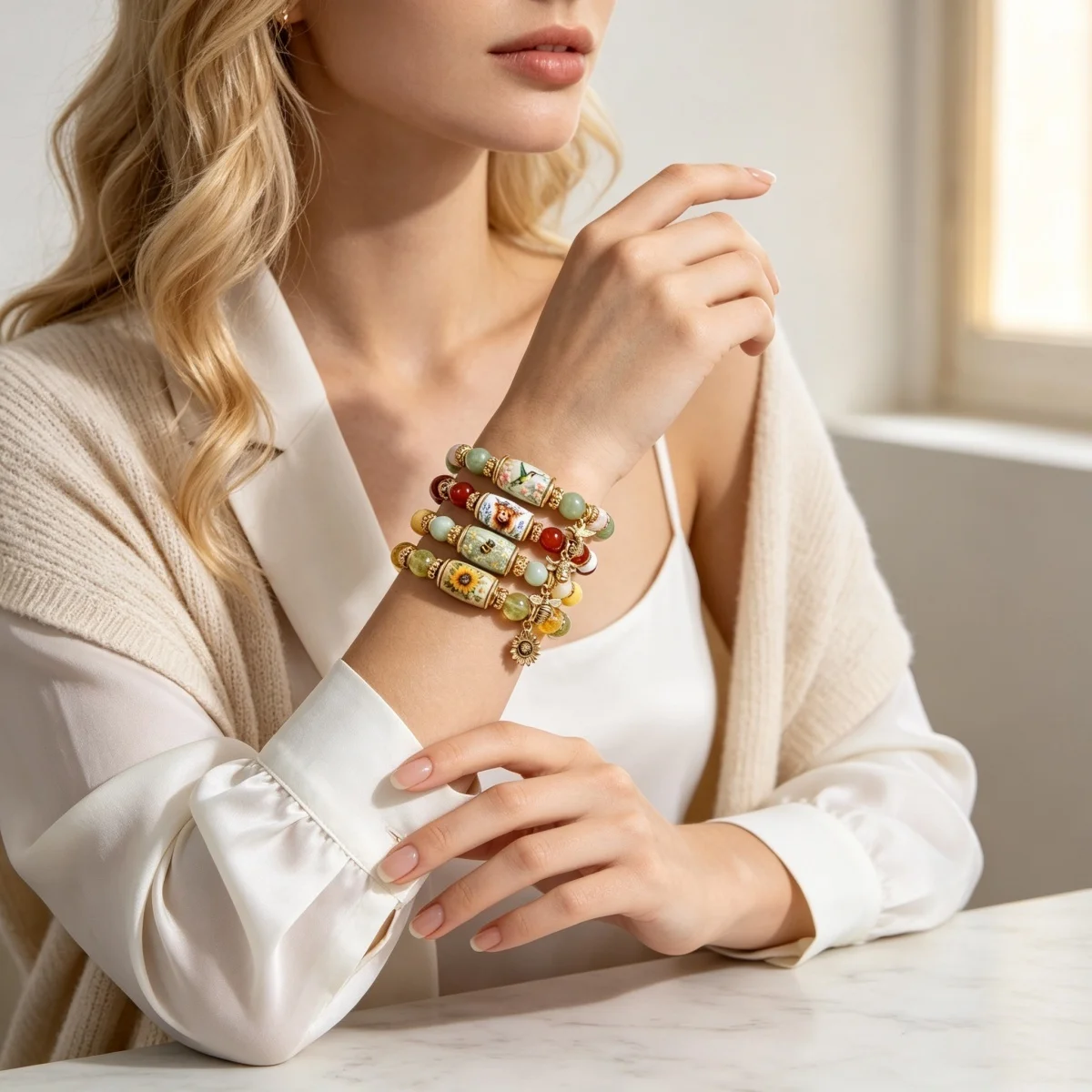 Zarte Armbänder im Frühlingsgarten-Stil mit Glasperlen für Damen und Herren, mit Charm-Anhängern wie Kolibri, Sonnenblume, Biene und Ochsenkopf, Heilschmuck. – Detail 13