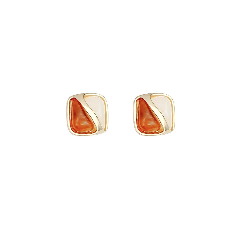 Trendy White Coffee Stone Resin Square Stud Earrings For Women Light Luxury French Earrings Fashion Jewelry Gifts