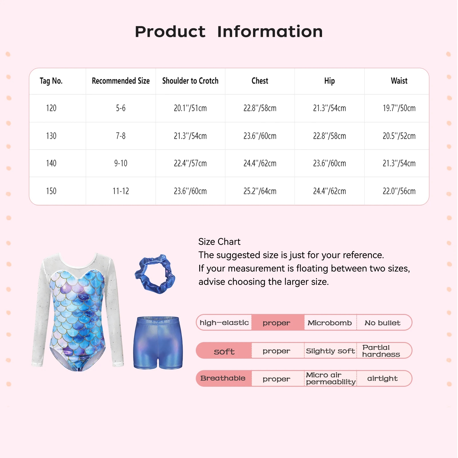 Kids Girls 3-piece Gymnastics Dance Outfit Ballet Performance Long Sleeves Fish Scale Printed Mesh Leotard Shorts And Hairband