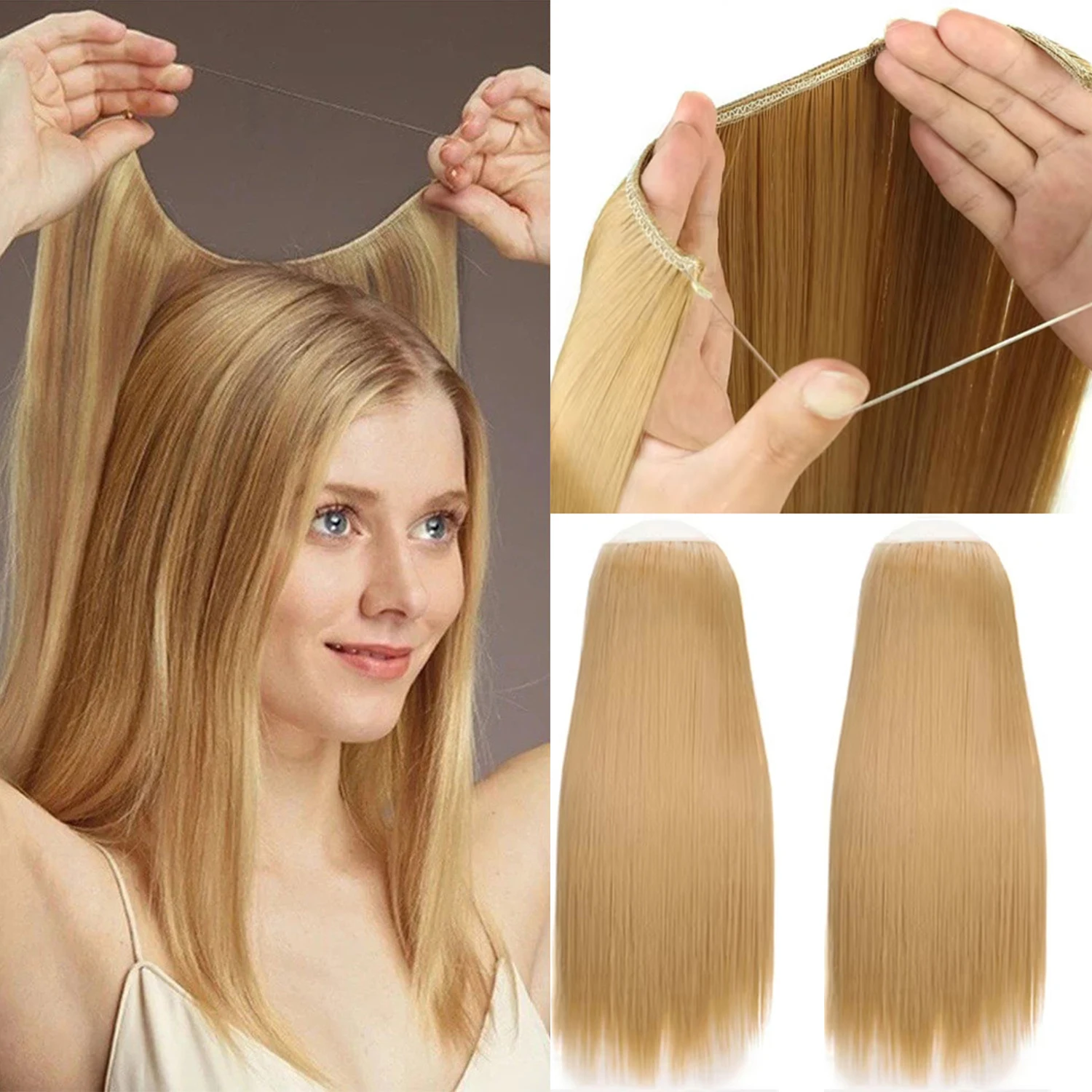 

Allaosify Synthetic Hair Extensions 24" Invisible Wire No Clip In Hair Extensions Secret Fish Line Straight Curly Wig Accessorie