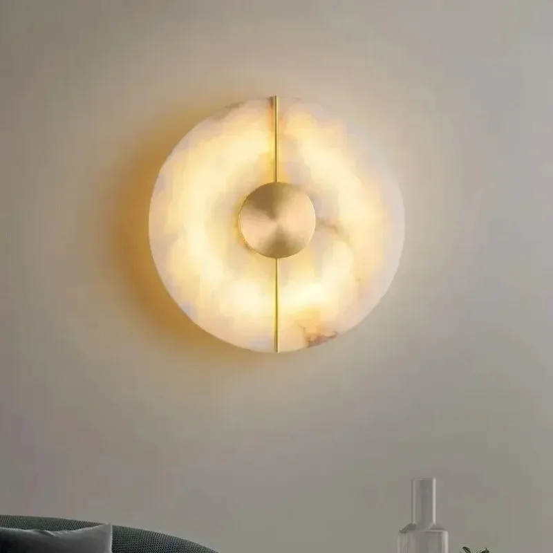 New French Copper Marble Wall Sconce, Dimmable Round Brass Lustre Lamp for Hotel