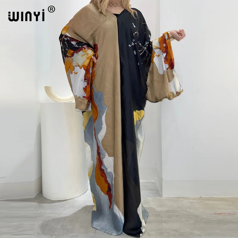 2022 WINYI Europe summer Sexy bech silk feeling comfortable fashion print Maxi women's robes long beach V-neck Bohemian dress