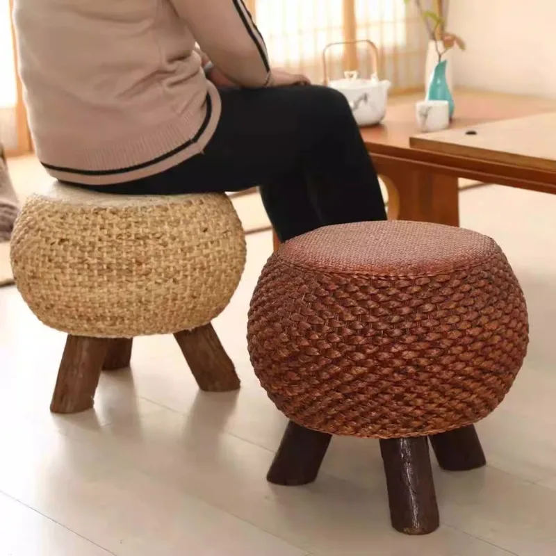 

Vine Woven Round Solid Wood Stool Ottoma Sofa Round Household Low Shoe Changing Stool Living Room Coffee Bedroom Furniture