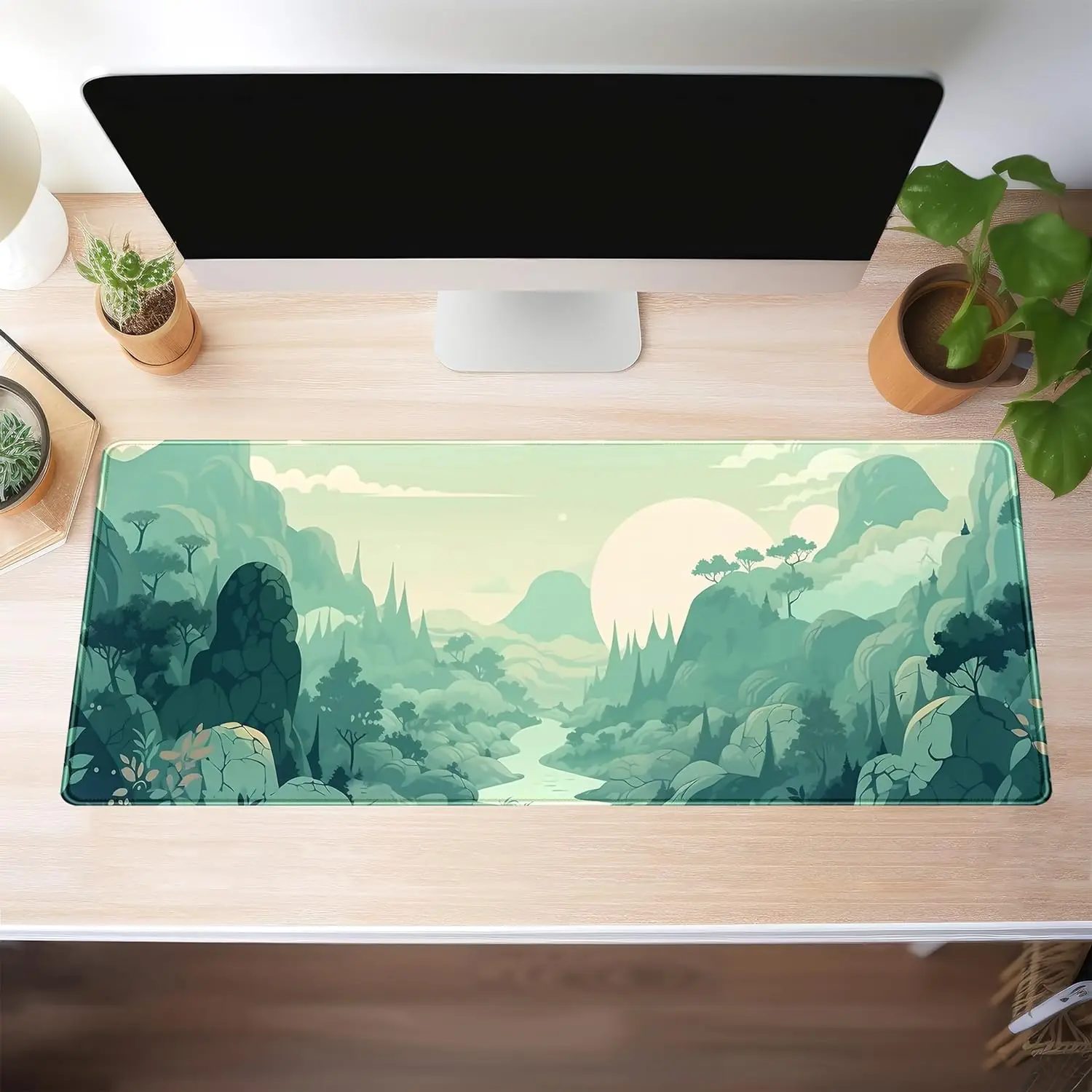 Imagem -03 - Grande Anime Gaming Mouse Pad Bonito Pastel Menta Verde Floresta Sábio xl Office Desk Decor Mat Bordas Costuradas 315x118 Pol