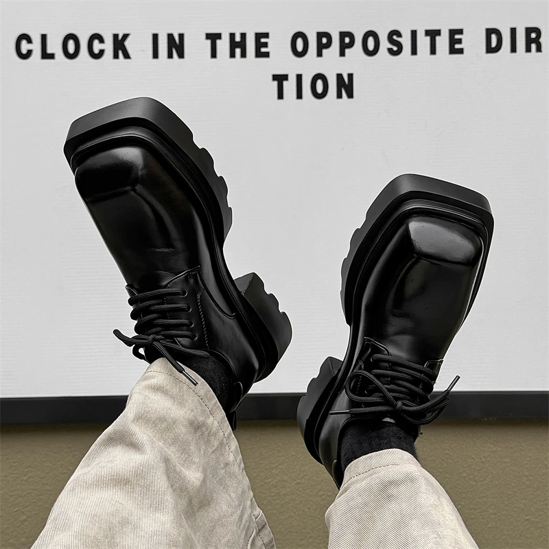 Derby Square headed men\'s leather shoes Trendy minimalist style Fashion Party office Outdoor leisure youth thick soled shoes Hot