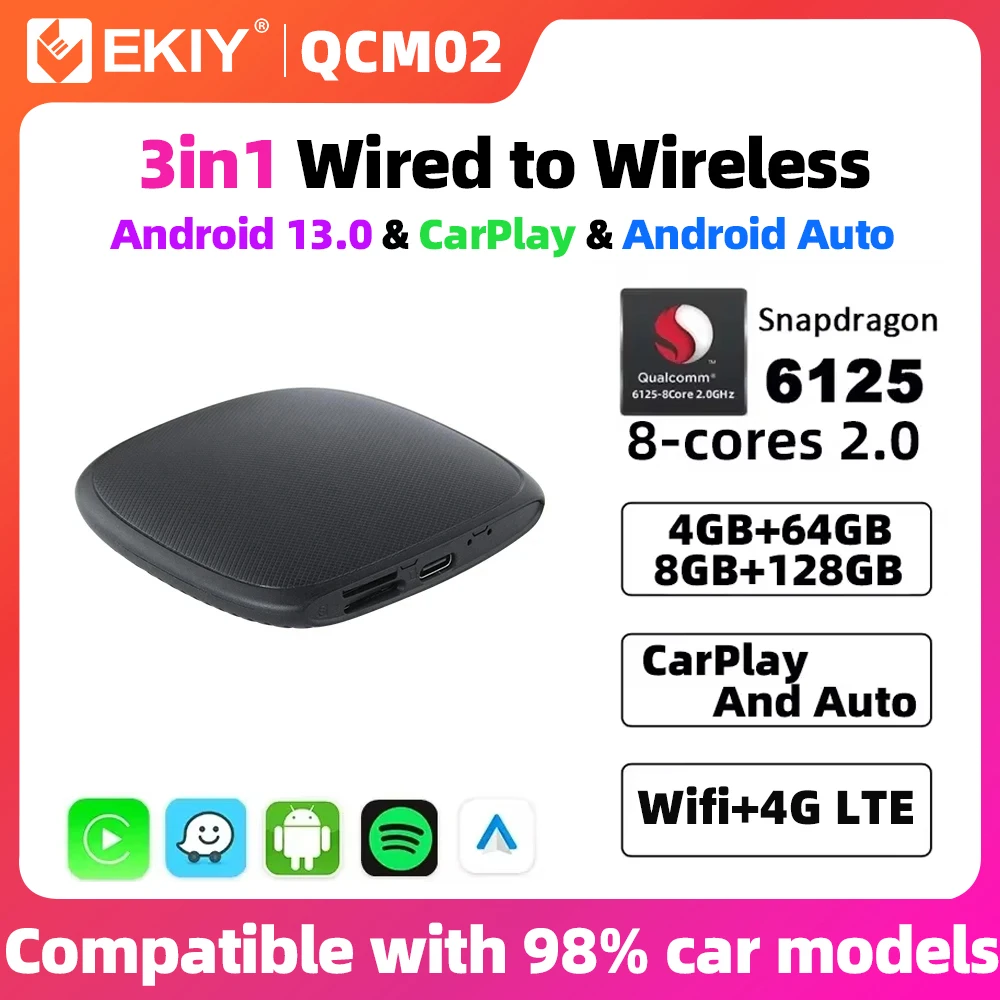 EKIY Wireless CarPlay Android Auto Qualcomm 6125 Chip For Car With Wired CarPlay Ai TV Box Android 13.0 Car Intelligent Systems