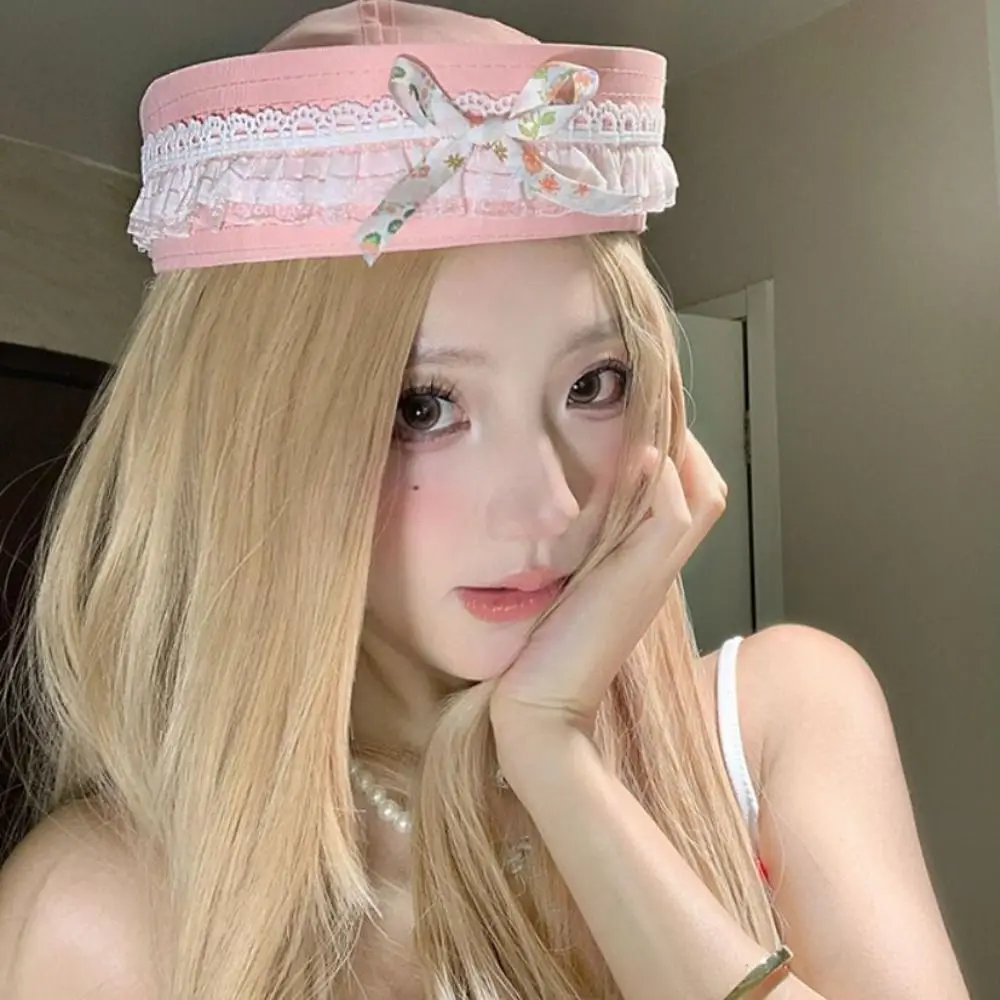 

Cute Y2k Sailor Caps Harajuku Bow Lace Navy Hat JK Sweet Berets Streetwear