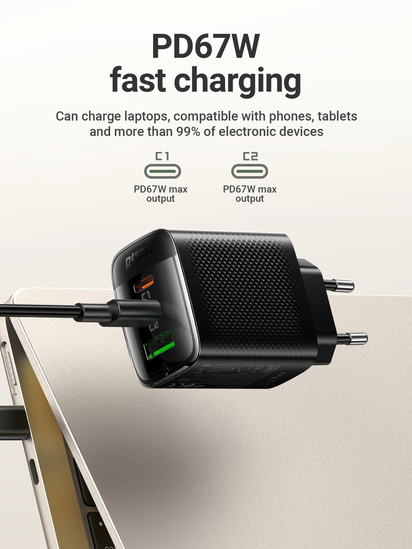 ACEFAST EU-Stecker PD67W USB C Schnellladegerät für iPhone 17 16 Pro Max 22,5 W USB A Schnellladung für Samsung S25 S24 – Detail 2