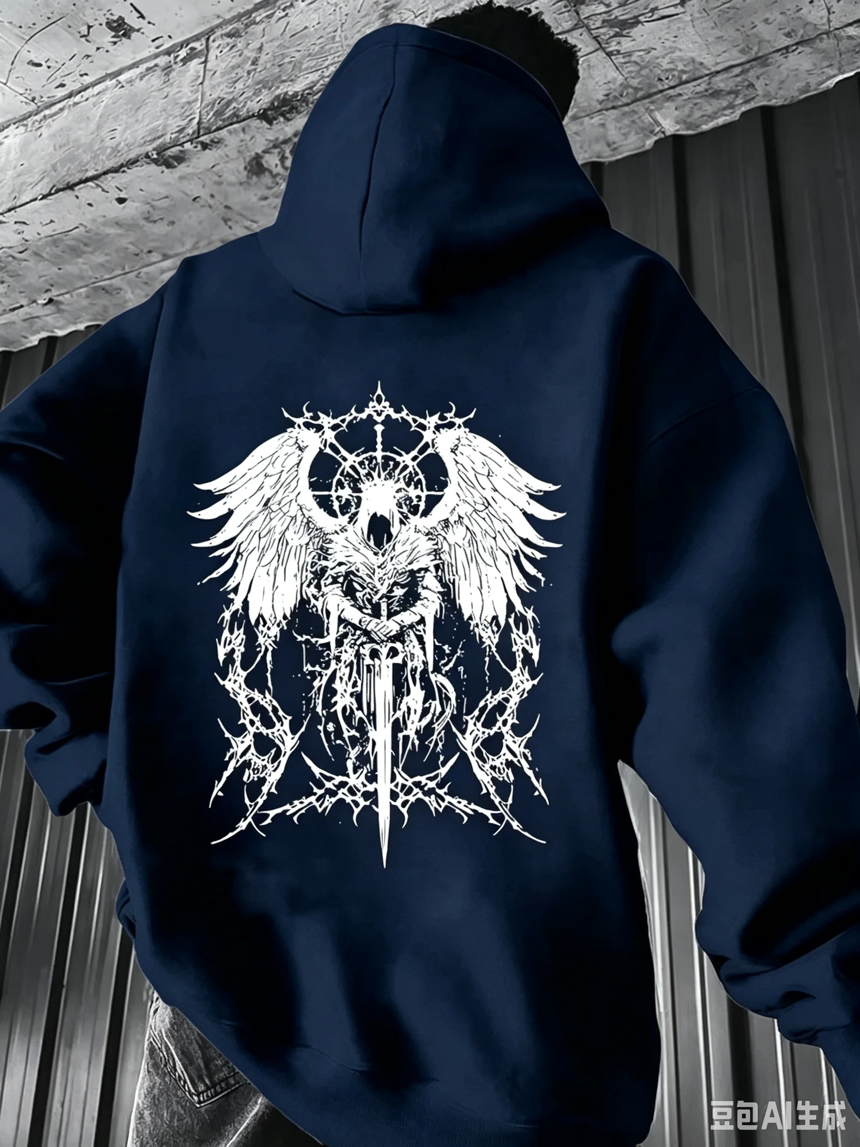 Trendy Men Dark Gothic Winged Sword Warrior Art Print Hoodie Autumn Winter Loose Casual Streetwear Pullover Hooded Sweatshirt