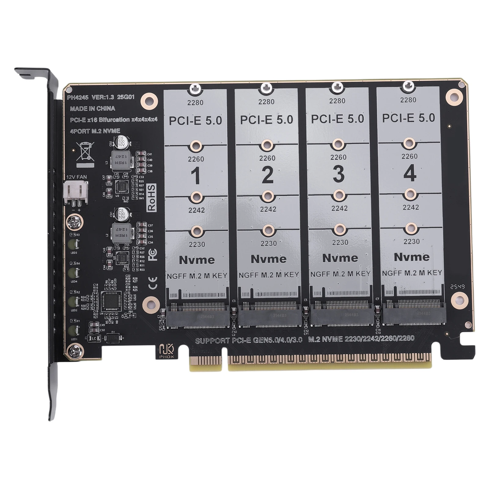 PCIE Express 5.0 Gen5 Gen4 X16 Expansion Card To 4X NVME for M.2 for NGFF SSD High Speed 4x128Gbps with Individual LED Indicator
