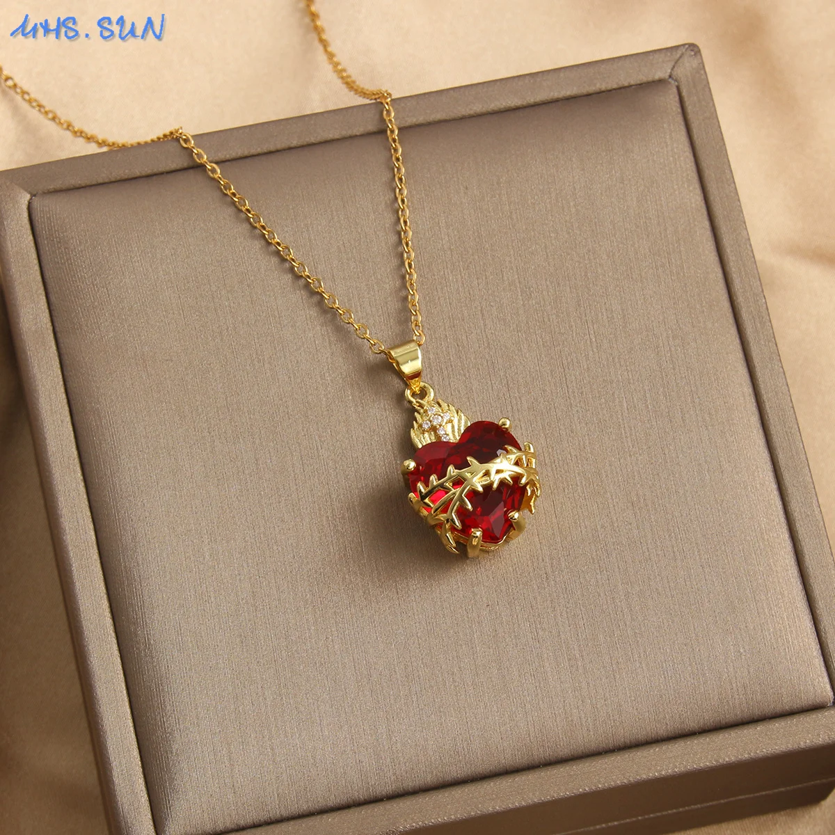 

SUNSLL Sacred Red Heart Cross Cubic Zircon Pendants Necklaces Luxury Women Gold Plated Romantic Love Anniversary Jewelry Gifts