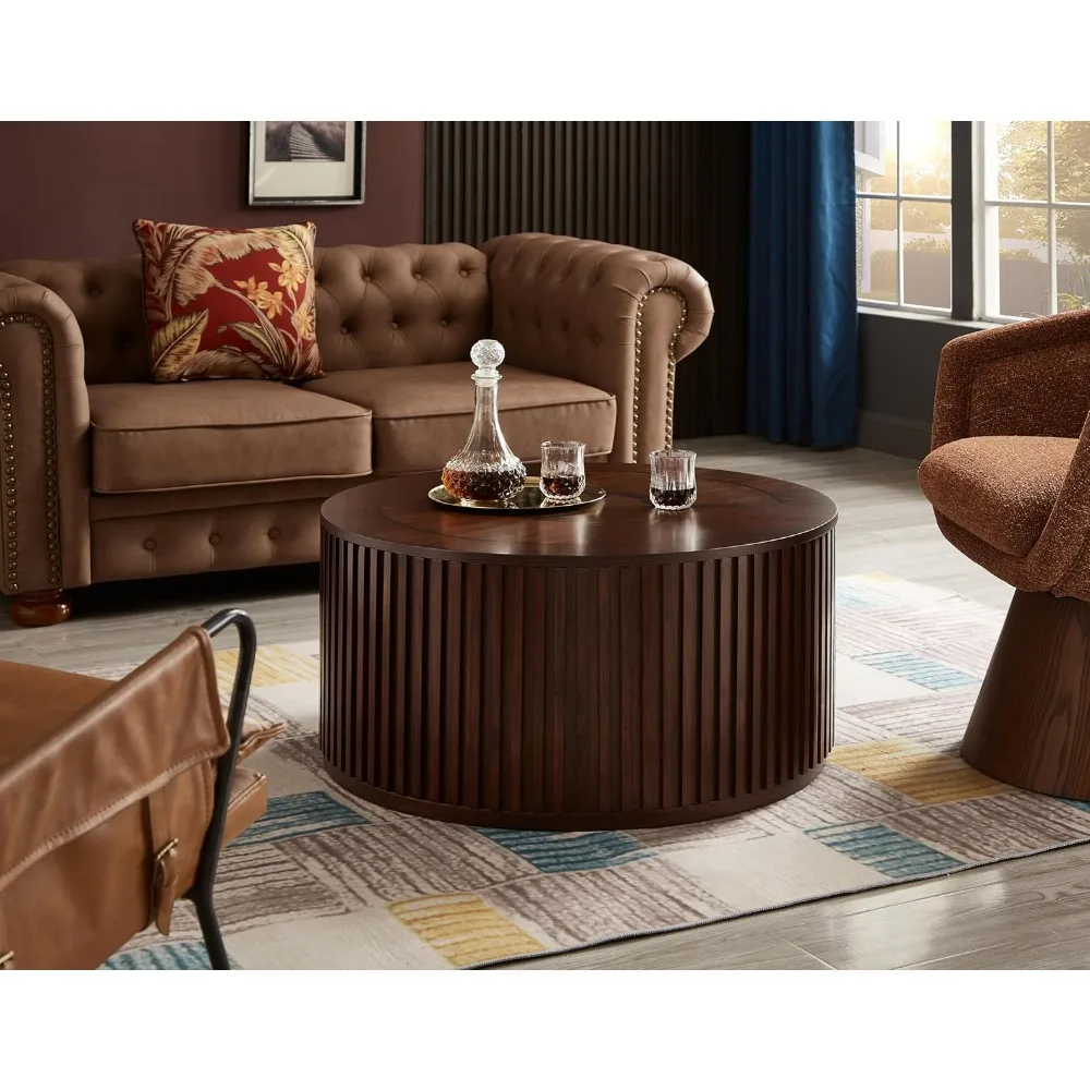 Round Coffee Table Set, Nesting Coffee Tables with Removable Lid, Mid Century Modern Wooden End Table with Large Storage Sp