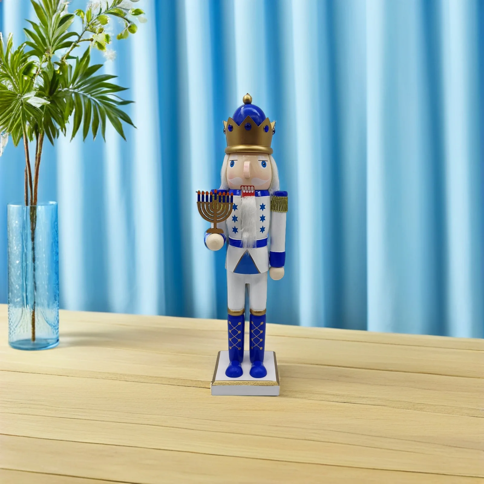38cm azul e branco hanukkah quebra-nozes soldado de madeira ornamento tradicional decoração do feriado para prateleira lareira bandeja em camadas inverno