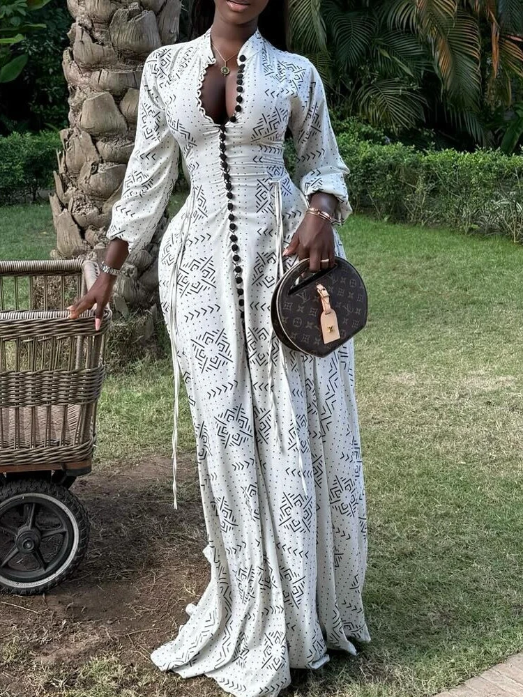 Women Elegant Print Dress Stand Collar Deep V Single Breasted Drawstring Waist Long Sleeve Maxi Dress For Casual Party Vacation