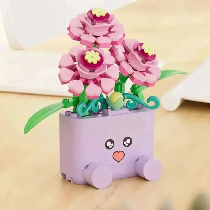 DIY Flower Building Block Set Cute Emoticon Plant Pot Sunflower Rose Botanical Model Toy Home Decor Gift for Kids
