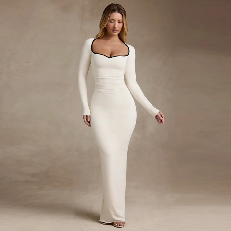 Figurbetontes Kleid mit langen Ärmeln, schmale Kleider 2025, Frau, Wickelhüfte, Vestido femininos, Kontrastfarbe, französisches elegantes Temperament