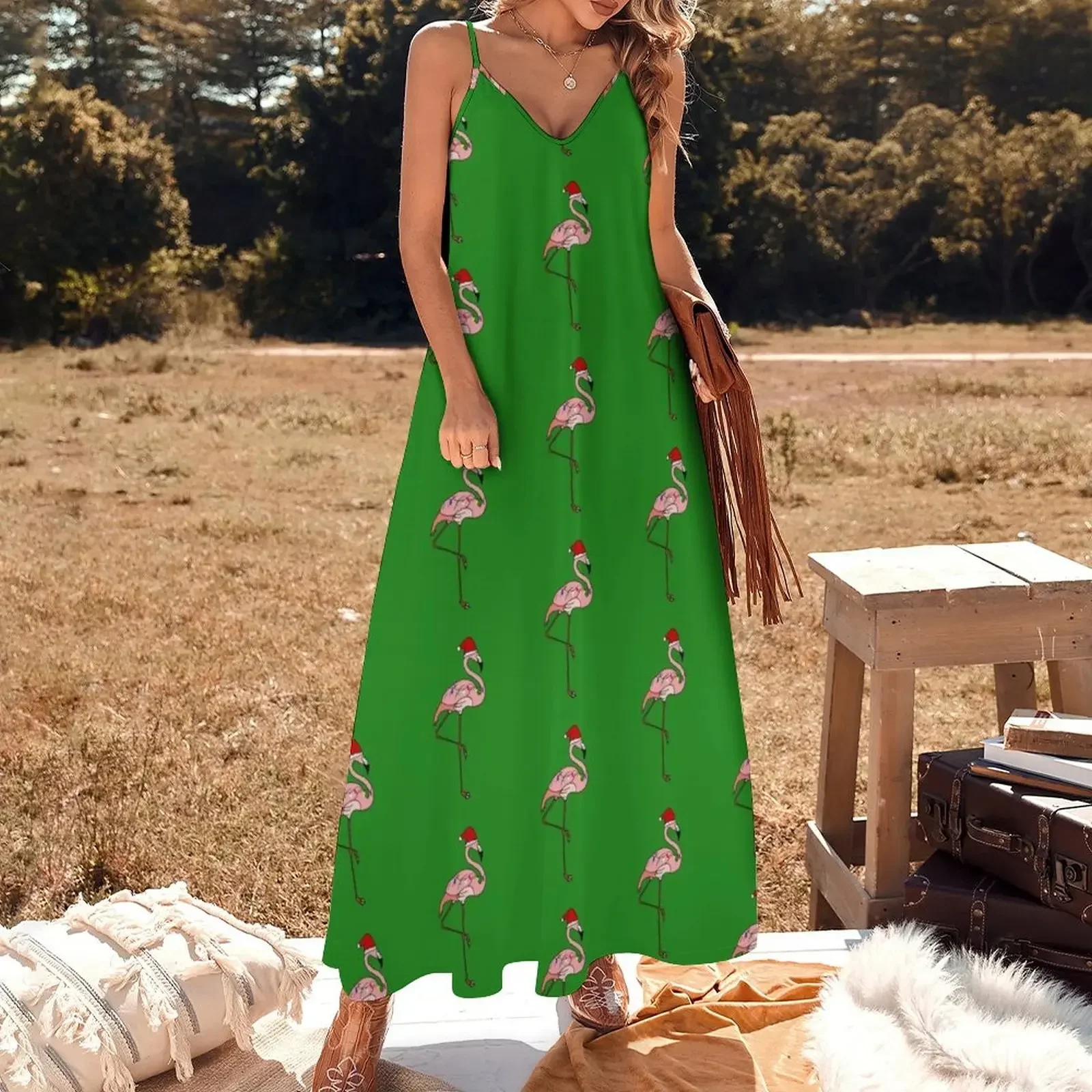 Tropical Christmas Lights Santa Pink Flamingo Sleeveless Dress elegant women's sets beach dress Dress