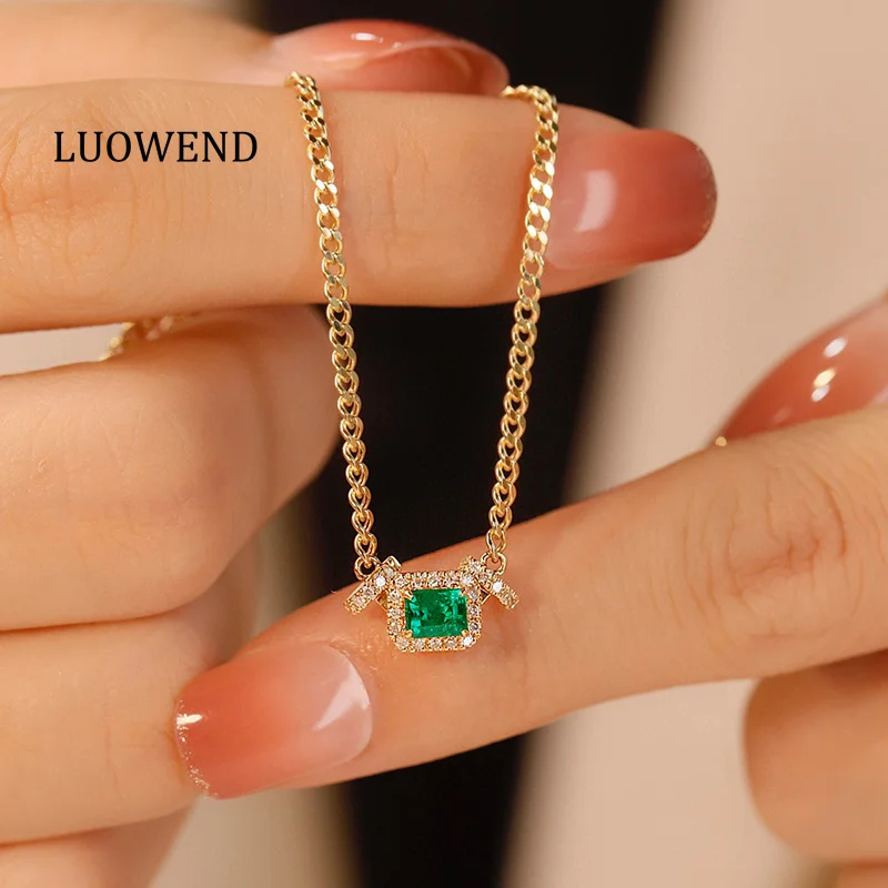 LUOWEND 18K Yellow Gold Necklace Elegant Style Luxury Diamond Natural Emerald Necklace&Bracelet for Women High Party Jewelry Set