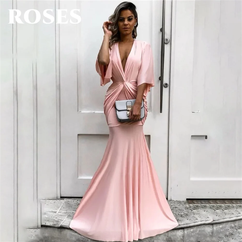 ROSES Simple Pink Evening Dresses V-Neck Corset Trumpet Pleats Party Dress Long Puff Sleeves Satin 프롬드레스 Floor Length Prom Dress