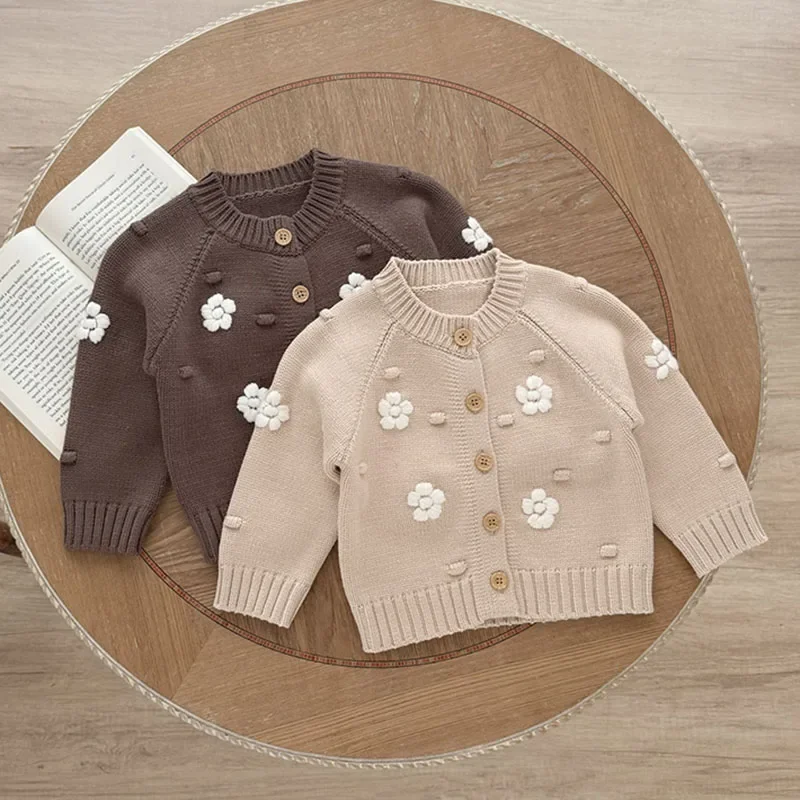 2025 New Autumn 0-3Yrs Infant Baby Girl Knitting Cardigan Long Sleeved Floral Embroidery Newborn Baby Girls Sweater Coat