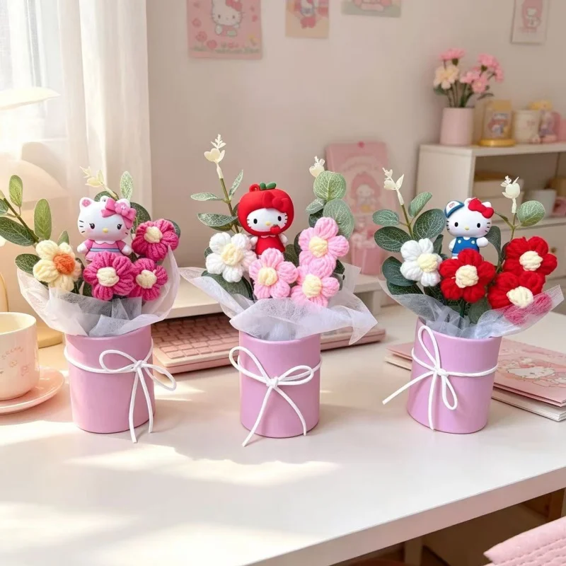 Handgefertigte Häkelblumen, echte Sanrio-Figuren, handgemachtes Blumenarrangement, Tischdekoration für Zuhause & Geschenk für Frau, Ehefrau, Mutter