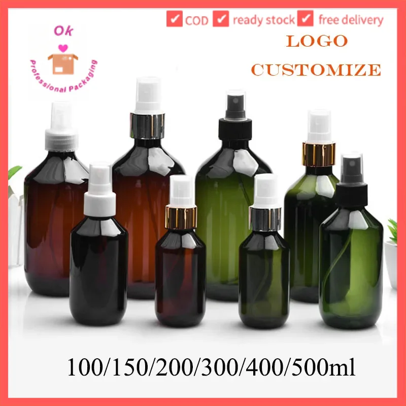 

20/50pcs 100ml Green Plastic Bottle With Sprayed 150/200ml Boston PET Refill Bottle Brown Atomiser 300/500ml Container HZ2311051