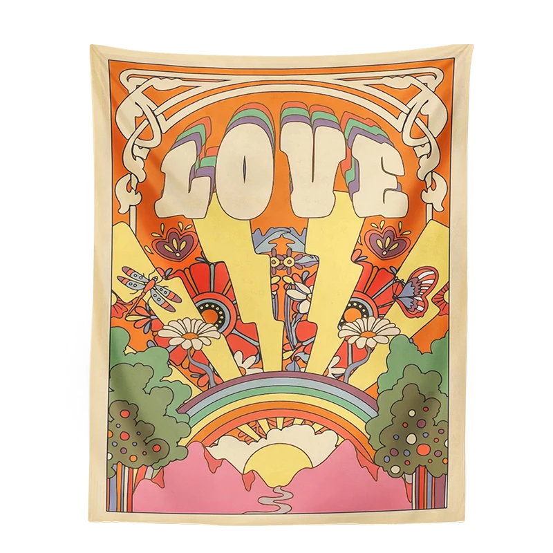 70s Retro Tapestry Vintage LOVE Sun rainbow Wall Art Printed plant flower Psychedelic Hippie Wall Living Room Bedroom Home Decor