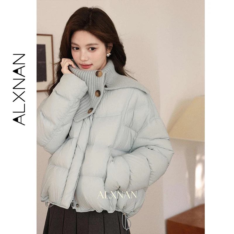 ALXNAN Women's Winter Down Jacket Blue 90% Duck Padded Coats Elegant Casual Loose-fit Warm Thick Puffer Outwear Female L59137