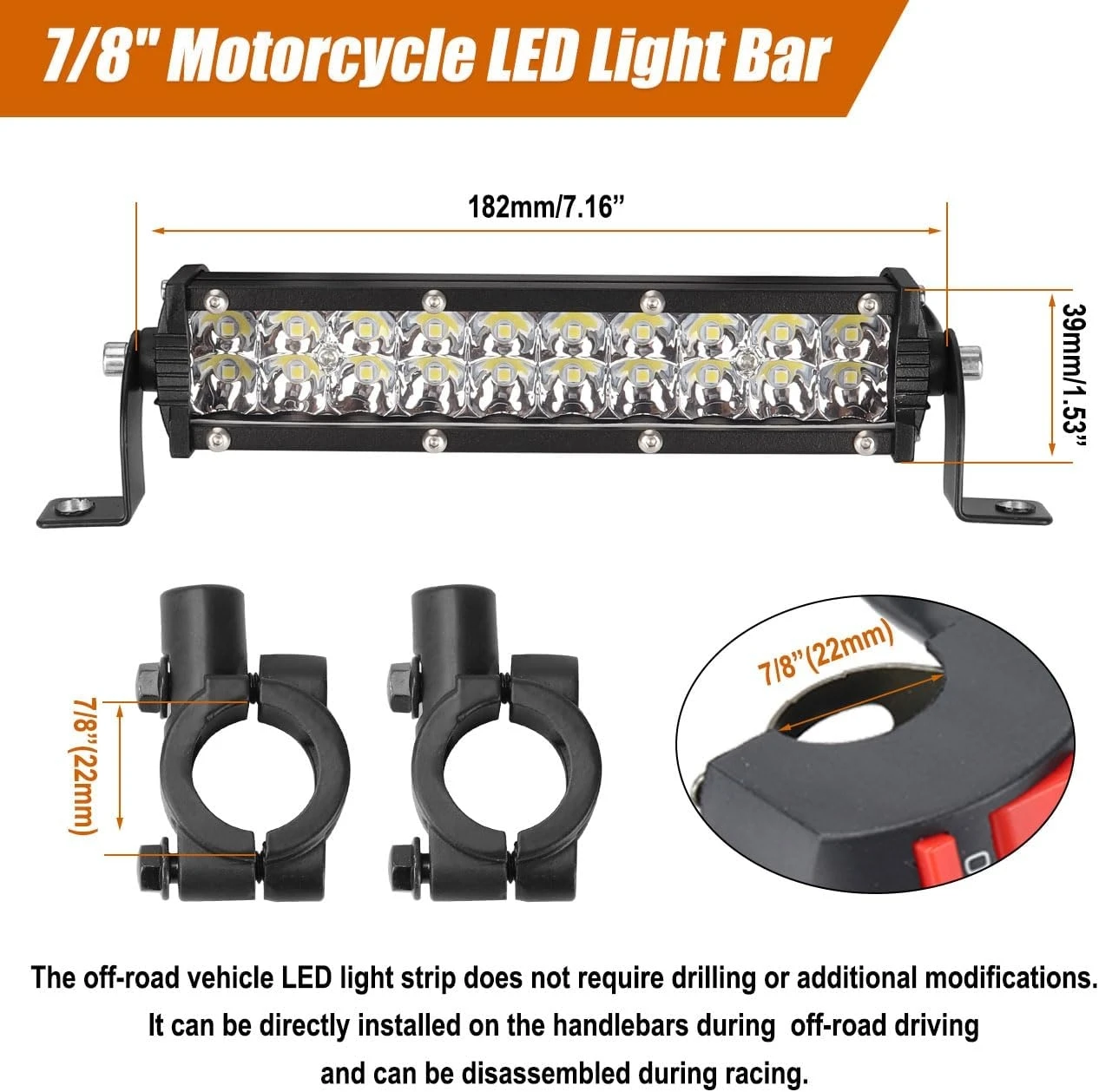 60W Motocross LED Light Bar Kit with Mounting Bracket Switch Wiring for CRF250F CRF110 TTR110 YZF250 RM KX SSR SDG Dirt Pit Bike
