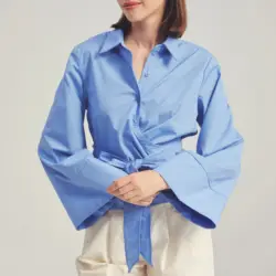 New Women's Fashion Casual Polo Neck Bow Tie up Short Edition Double Breasted Poplin Shirt