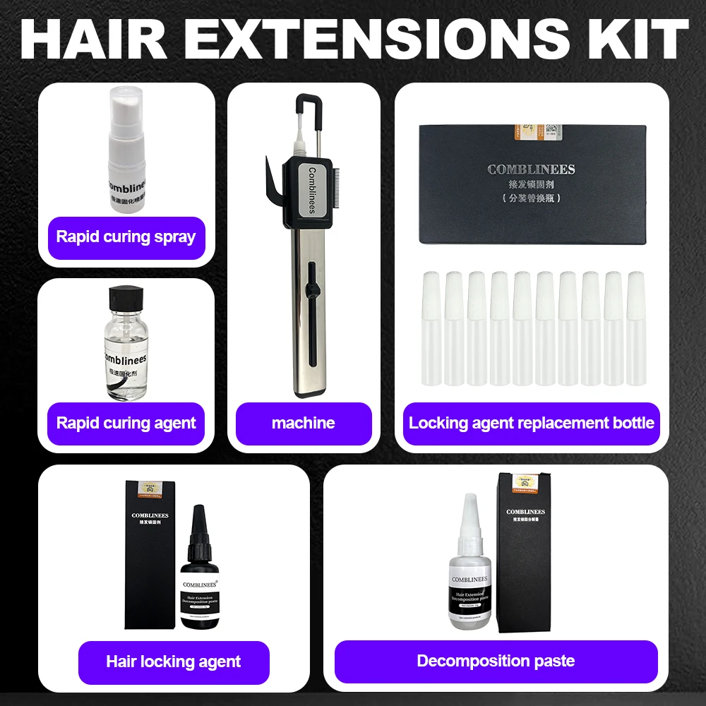 

Salon Grade Comblinees P1 Hair Extensions Set Ice Glue Fast Curing No UV Light Iron Tool Secure Connection Kit