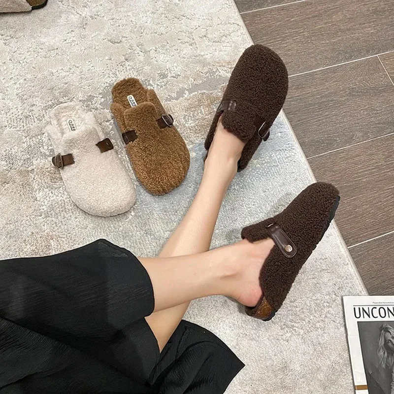 High Quality Lamb fur slippers women round toe buckle belt plush pantuflas female cork winter slides shoes woman furry slippers