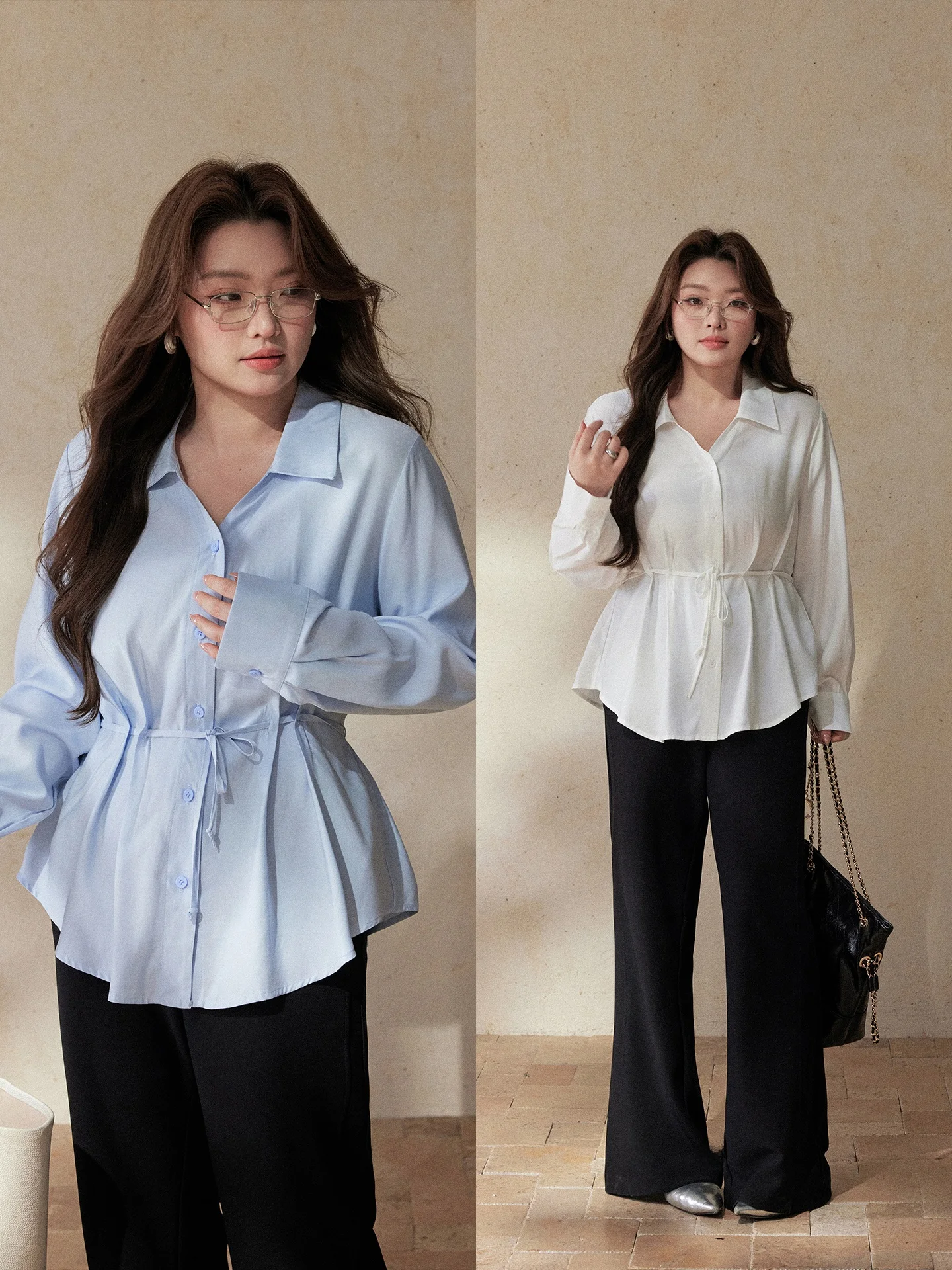 

Slimming Effectiveness Large Size Women's Shirt Shoulder Appropriate Belted V-Neck Spring New Style Waist Cinching Top