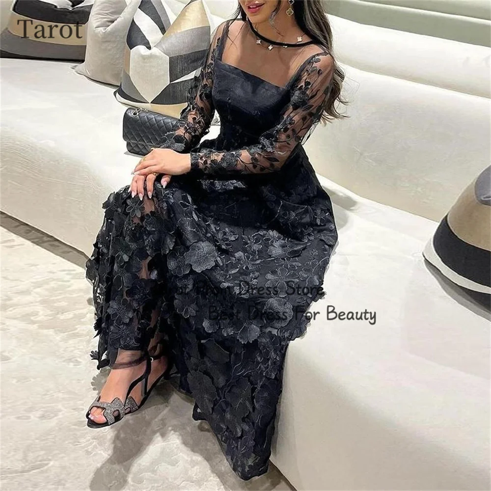 Tarot Gorgeous Lace Cocktail Dresses Boat Neck A Line Flowers Birthday Party Gowns Floor Length Saudi Women Evening Gown