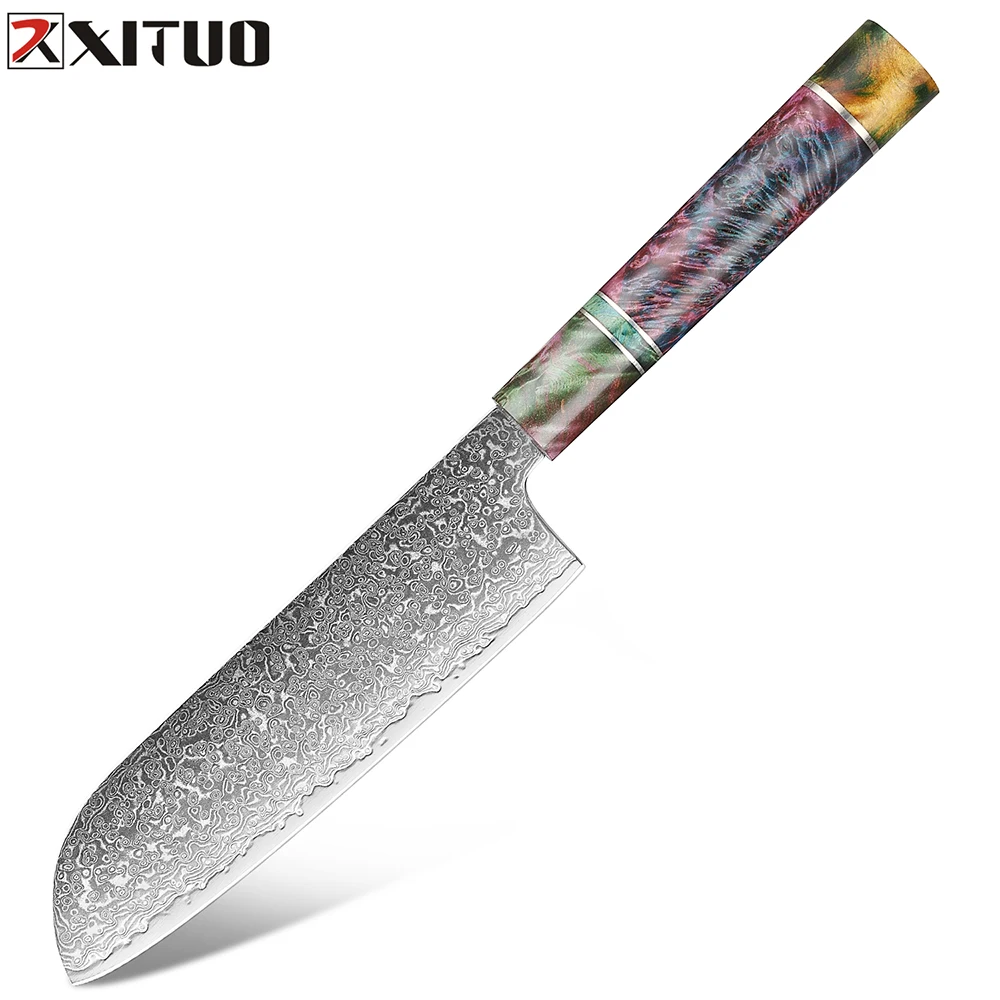 Santoku Chef's Knife 7 Inch Damascus Japan VG-10 Super Stainless Steel Sharp Kitchen Cooking Knife Ergonomic stable wood handle