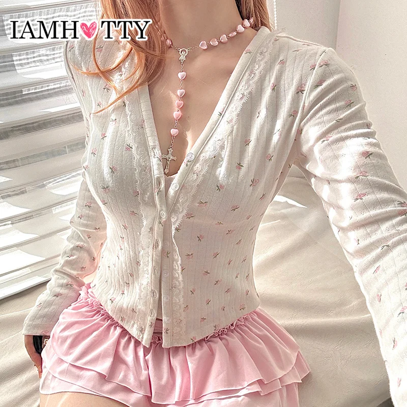 

IAMHOTTY Small Floral Sweater Cardigan Y2K Aesthetic Lace Patchwork Button-up Knitted Jacket Kawaii Slim-fit Thin Coat Japanese