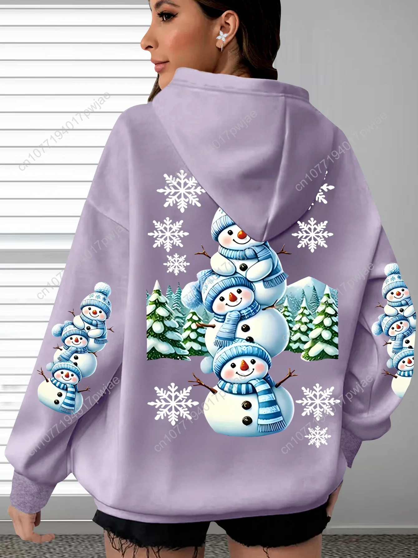 Felpa con cappuccio casual con stampa pupazzo di neve taglie forti - Felpa con tasca a marsupio a maniche lunghe, abbigliamento da donna