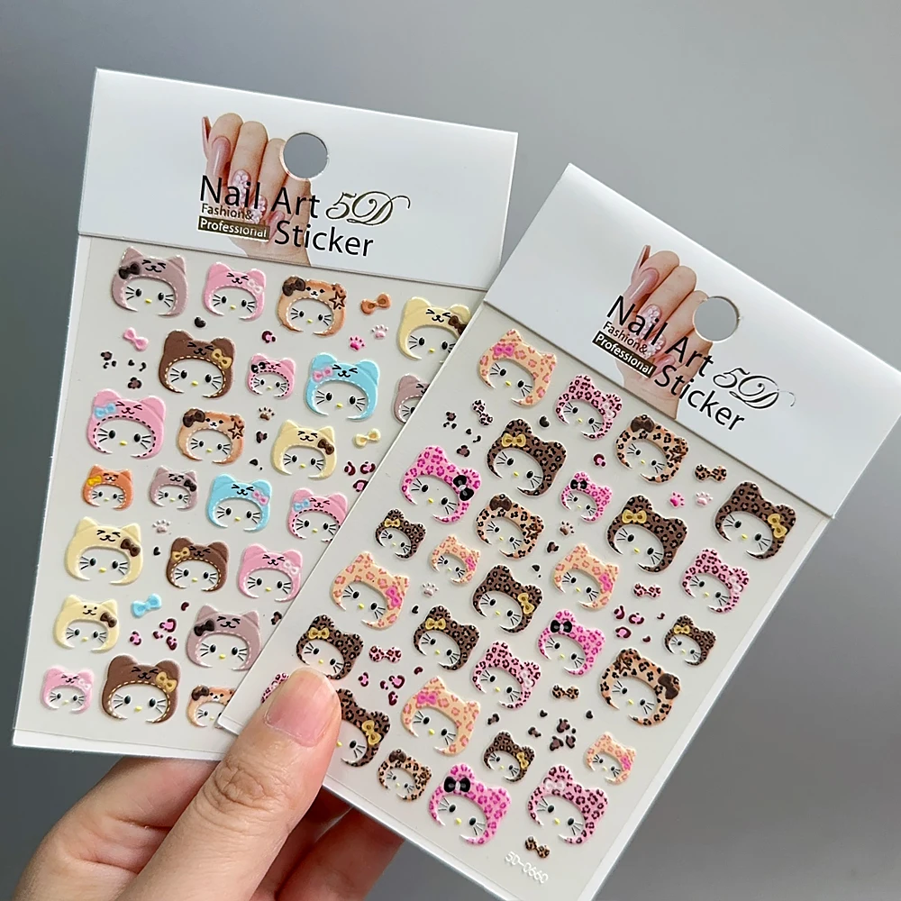 3 stks 5D 2025 Nieuwe Luipaard Print KT Hoed Nagelstickers Schattig Hart Parel Bril KT Hoofd Roze Bruin Luipaard Kitty Hoofddoek Decal ﻿ ﻿