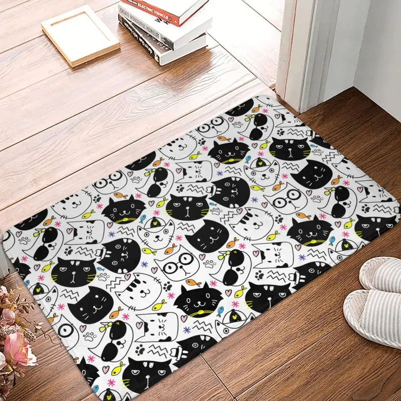 Custom Cute Kitten Cat Doodle Doormat Non-Slip Entrance Kitchen Bathroom Floor Door Mat Bedroom Balcony Rug Carpet Footpad