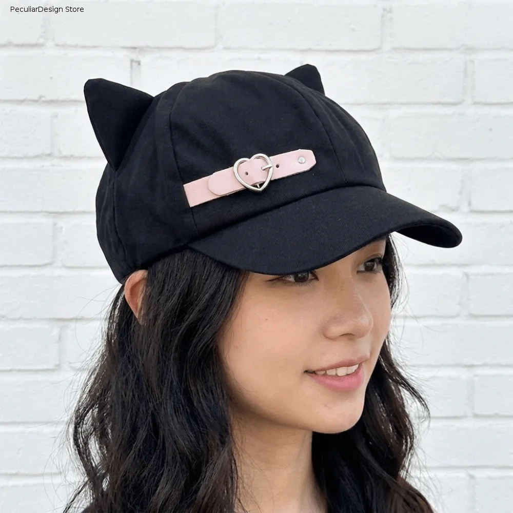 Funny Black Cat Ears Beret Harajuku Lolita Newsboy Cap Baseball Cap Gothic Octagonal Hat Women