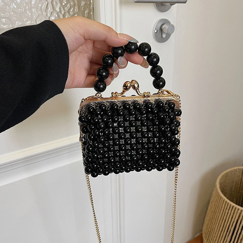 Luxuriöse Designer-Damentasche, handgefertigte Perlen-Tasche, neue Ketten-Schulter-Crossbody-Tasche, Mini-Lippenstift-Etui, Vintage-Perlen-Abendtasche – Detail 4