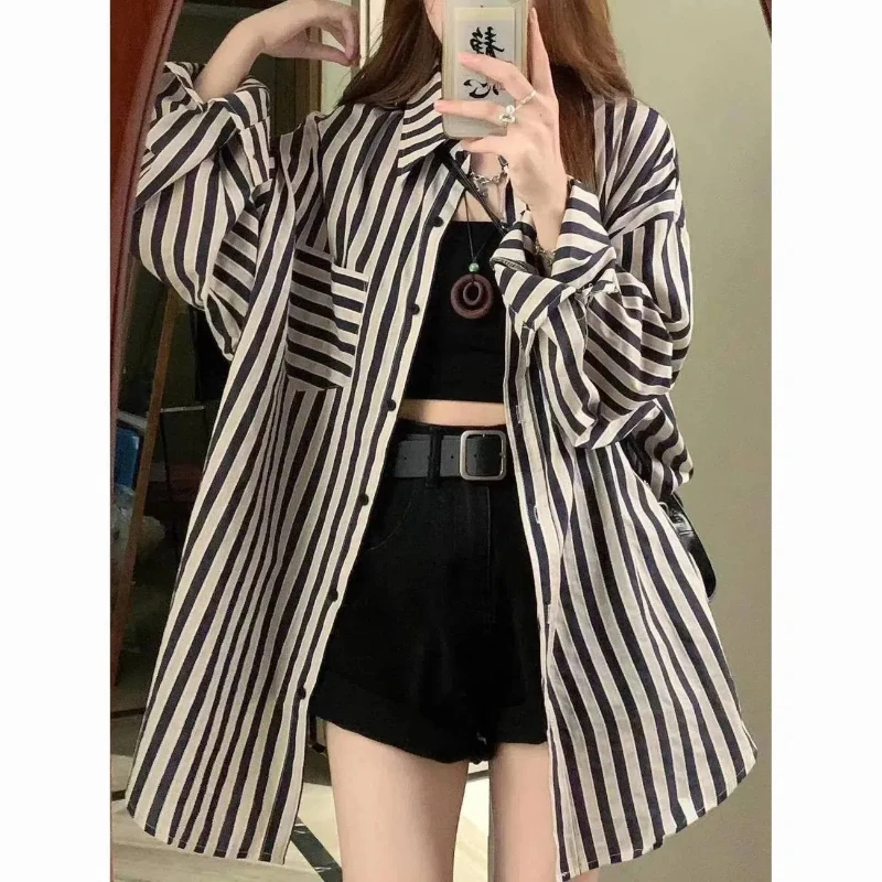 Vintage Black Striped Loose Shirt Tops Spring Summer Long Sleeve Youth All-match Casual Blouse Fashion Lazy Style Women Clothing