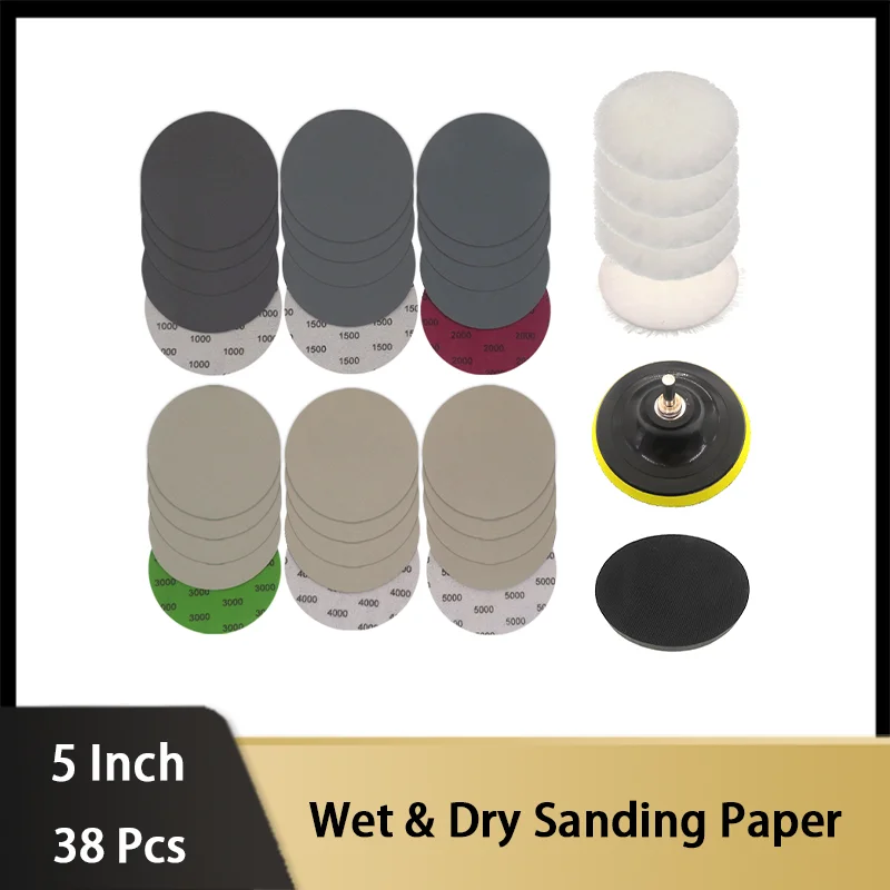 5 Inch Wet & Dry Sanding Paper 38 Pcs 1000-5000 Assorted Grit with Wool Pad for Drill Car Buffer Drill Polisher Sanding