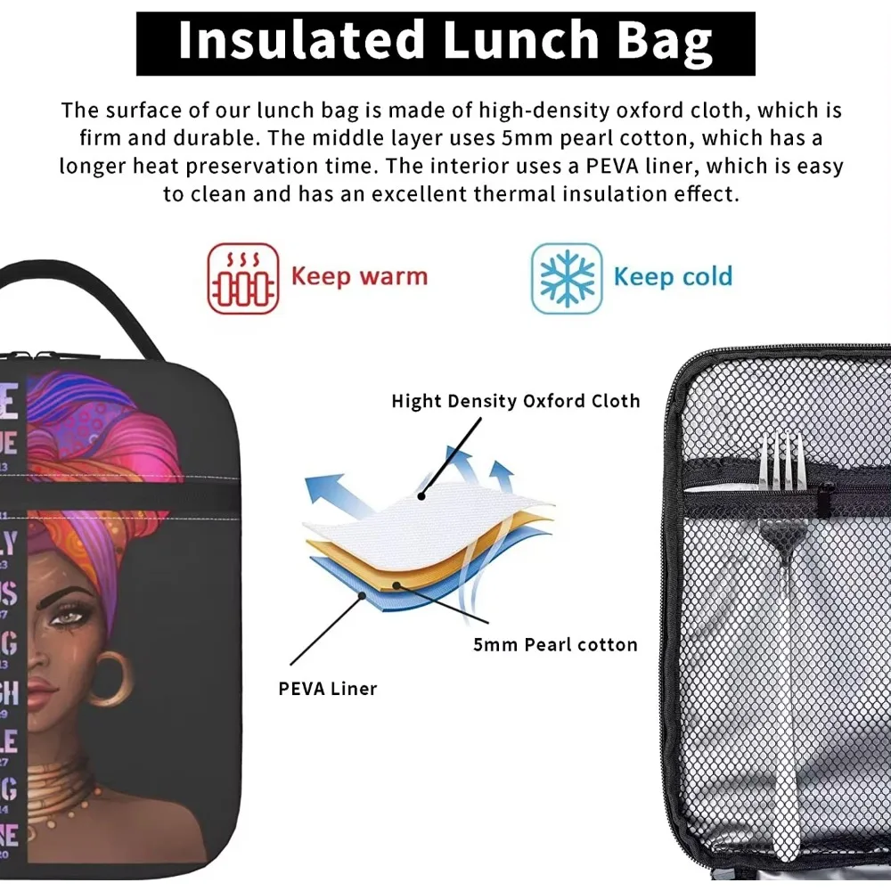 African American Woman Lunch Bag Afro Black Queen Heat Insulated Lunch Box Leakproof Durable Portable Reusable Thermal Tote Bag