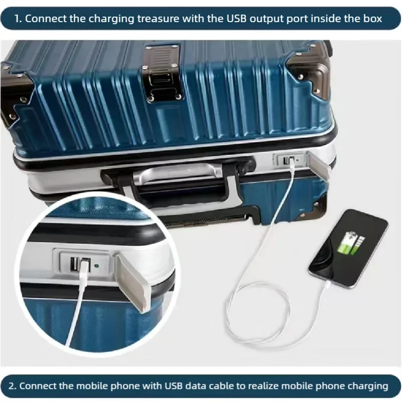 Luxury aluminum frame large capacity travel box with USB interface and universal wheels