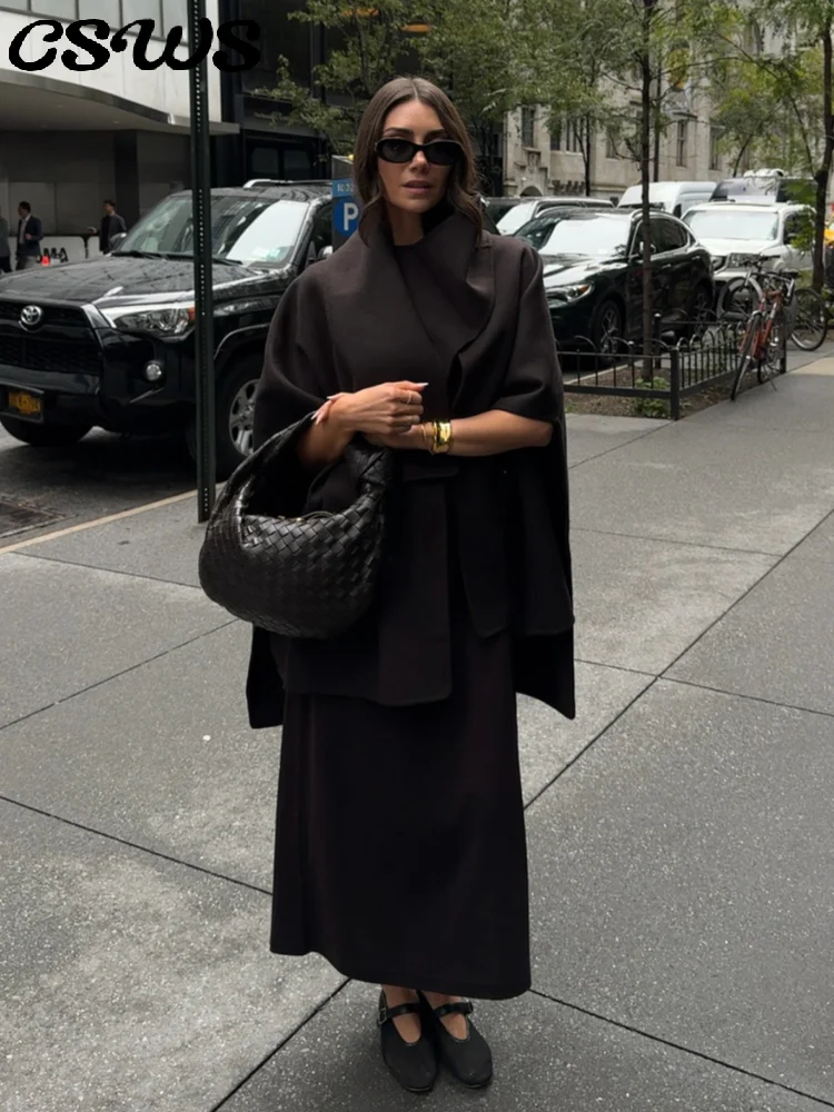 

Elegant Shawl Woolen Jacket with Scarf Women Solid Full Sleeve O-neck Button Loose Jackets 2025 Fashion Autumn All-match Outwear