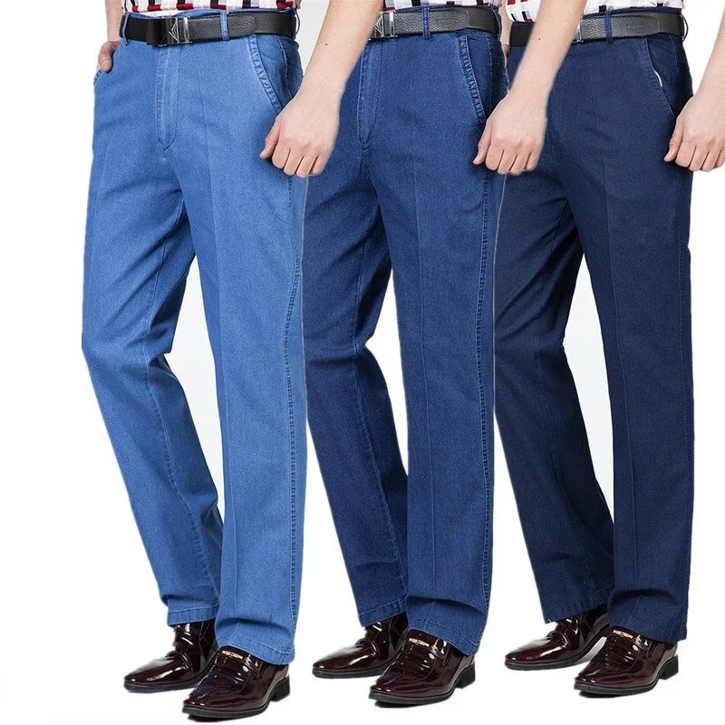 Business Pure Cotton Spring and Summer Thin Men's Jeans Men's Stretch High Waist Loose Fashionable Comfortable Casual Pants
